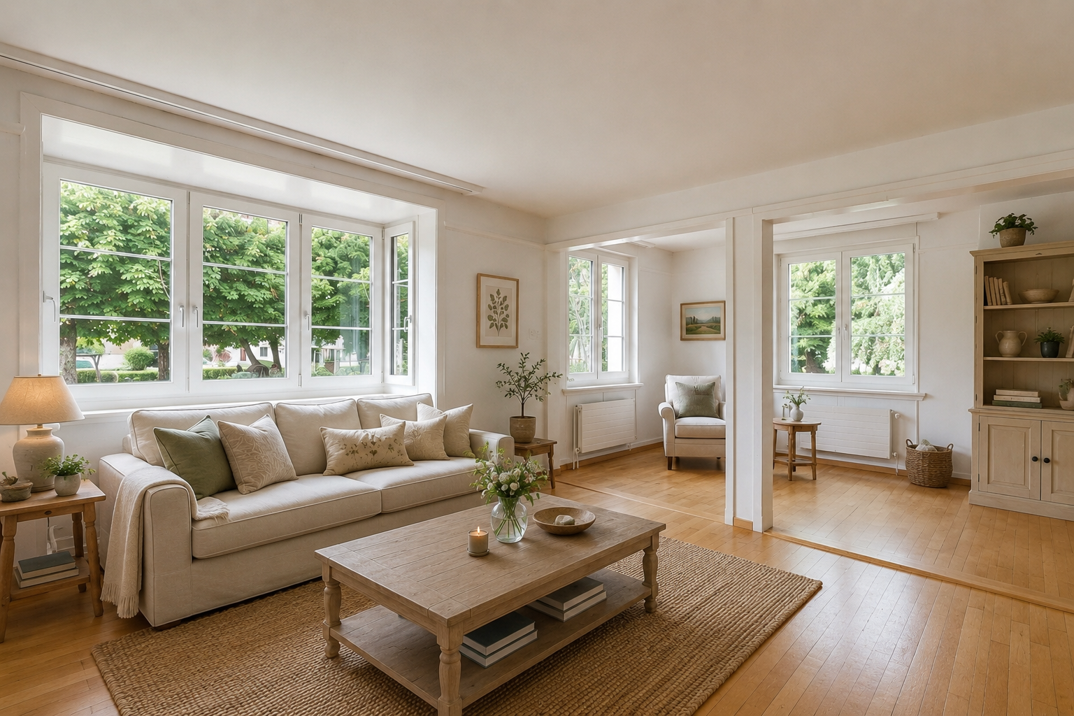 wohnzimmer mit wood finish floor, holzfußboden, kühler, light floor, und natürliches licht