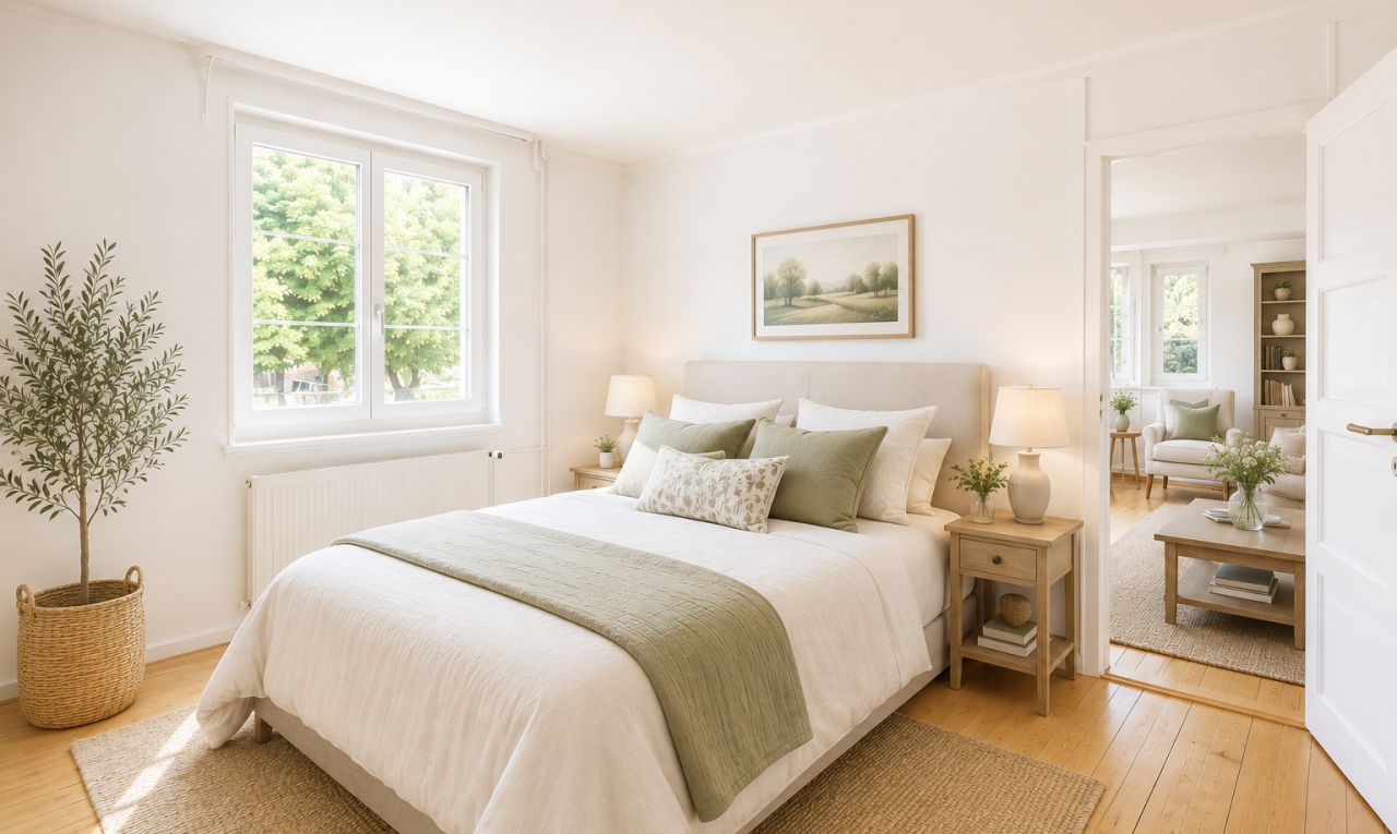 zimmer / schlafzimmer mit kühler, wood finish floor, holzfußboden, light floor, und drywall