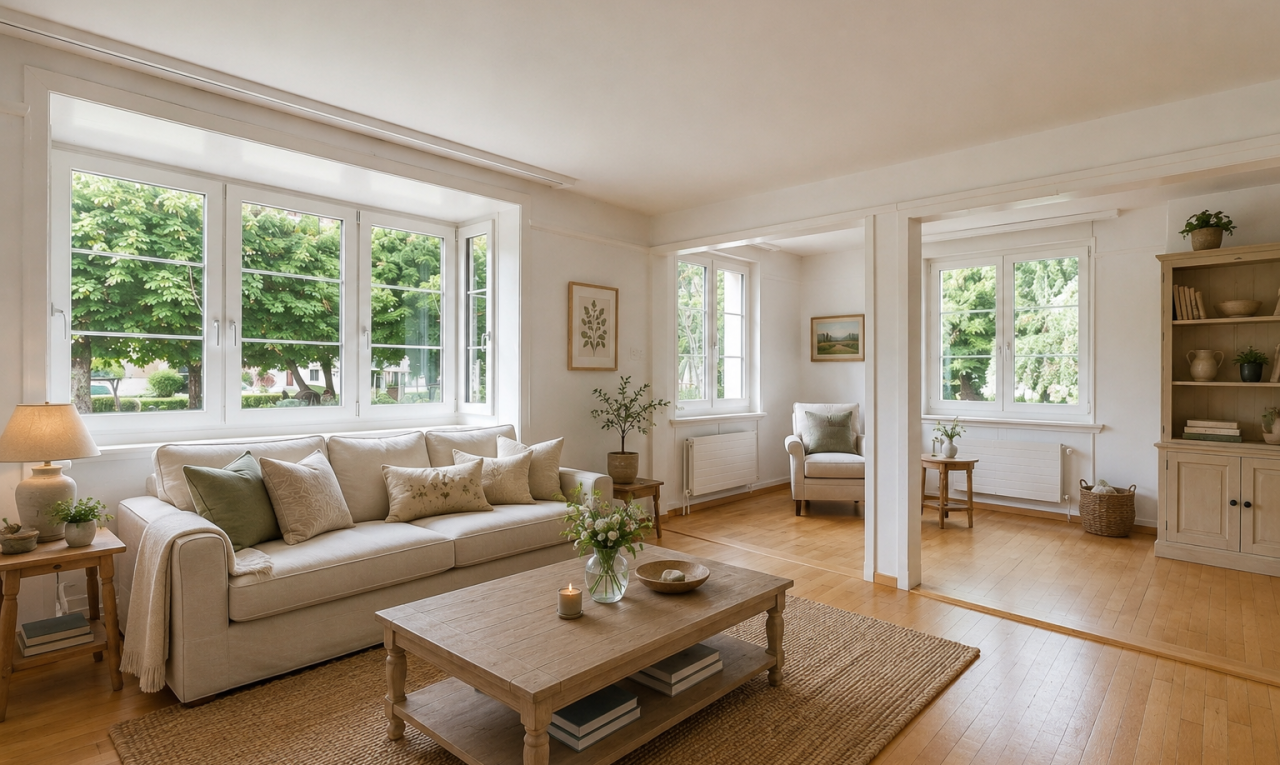 wohnzimmer mit wood finish floor, holzfußboden, kühler, light floor, und natürliches licht