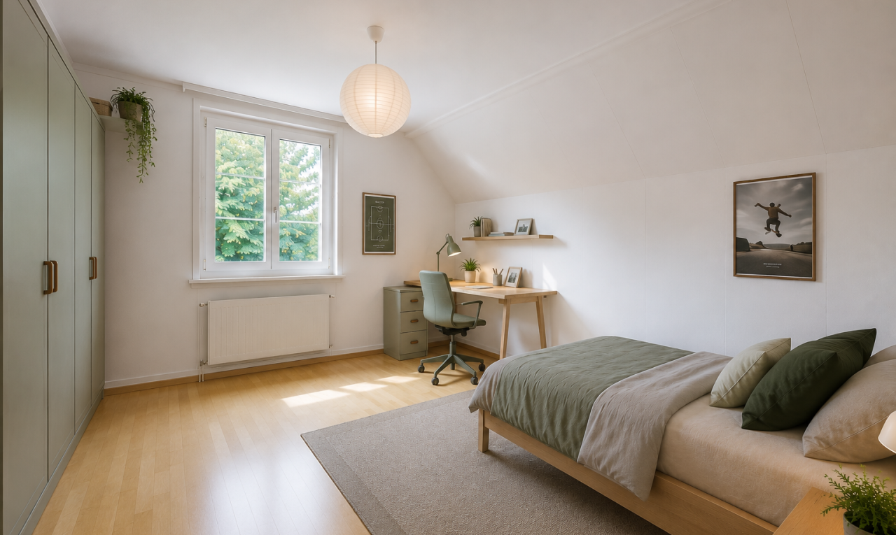 zimmer / schlafzimmer mit pendelleuchte, dachschräge, vaulted ceiling, kühler, und zusätzliches zimmer