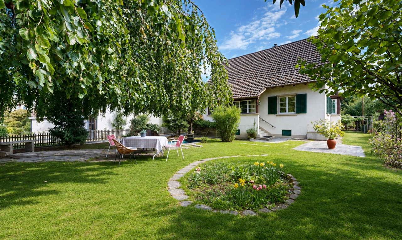 garten mit terrasse, rasen, zaun, property visible, und from property
