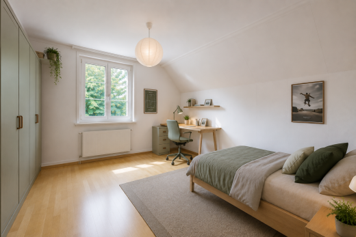 zimmer / schlafzimmer mit pendelleuchte, dachschräge, vaulted ceiling, kühler, und zusätzliches zimmer