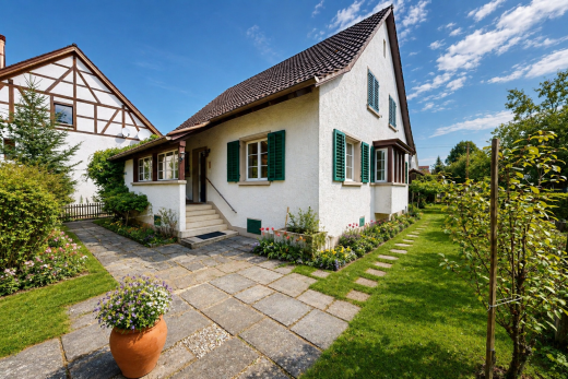 außenansicht mit ziegeldach, property visible, rasen, stuckverkleidung, und from property