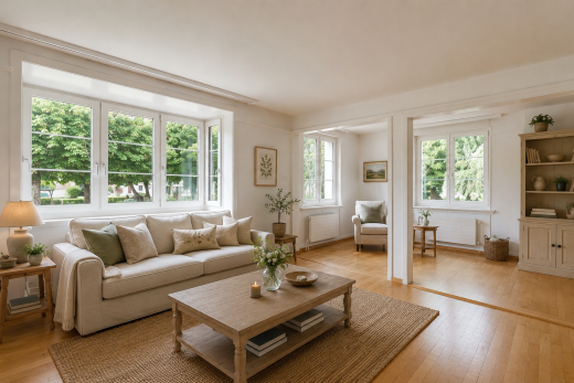 wohnzimmer mit wood finish floor, holzfußboden, kühler, light floor, und natürliches licht