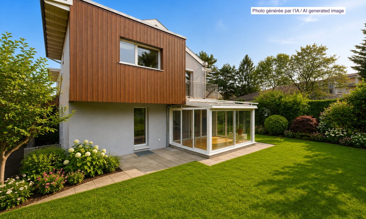 façade avec véranda, bardage vertical, pelouse, property visible, et bardage en bois
