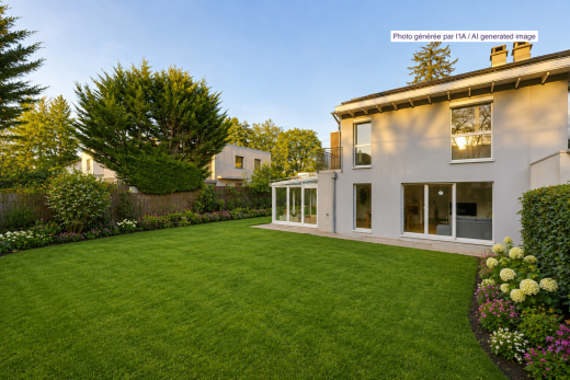 view of property featuring a fenced backyard, a sunroom, stucco siding, and a chimney