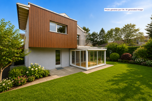 view of home featuring a sunroom, a yard, and stucco siding