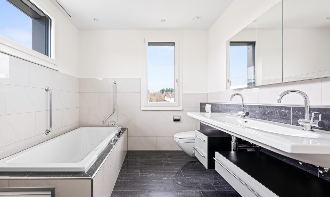 bad mit doppelwaschtisch, komplettes badezimmer, day time, toilette, und natürliches licht