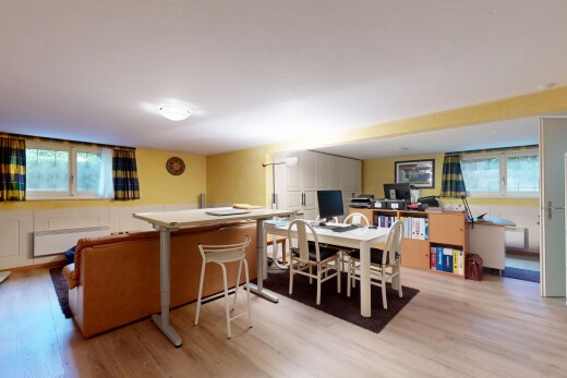 büro mit fernseher, holzfußboden, wood finish floor, natürliches licht, und natural light