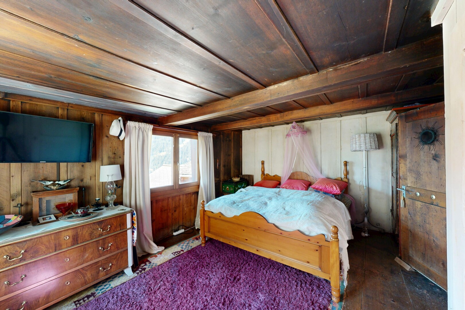 room / bedroom with wood ceiling, wooden walls, and wood-type flooring