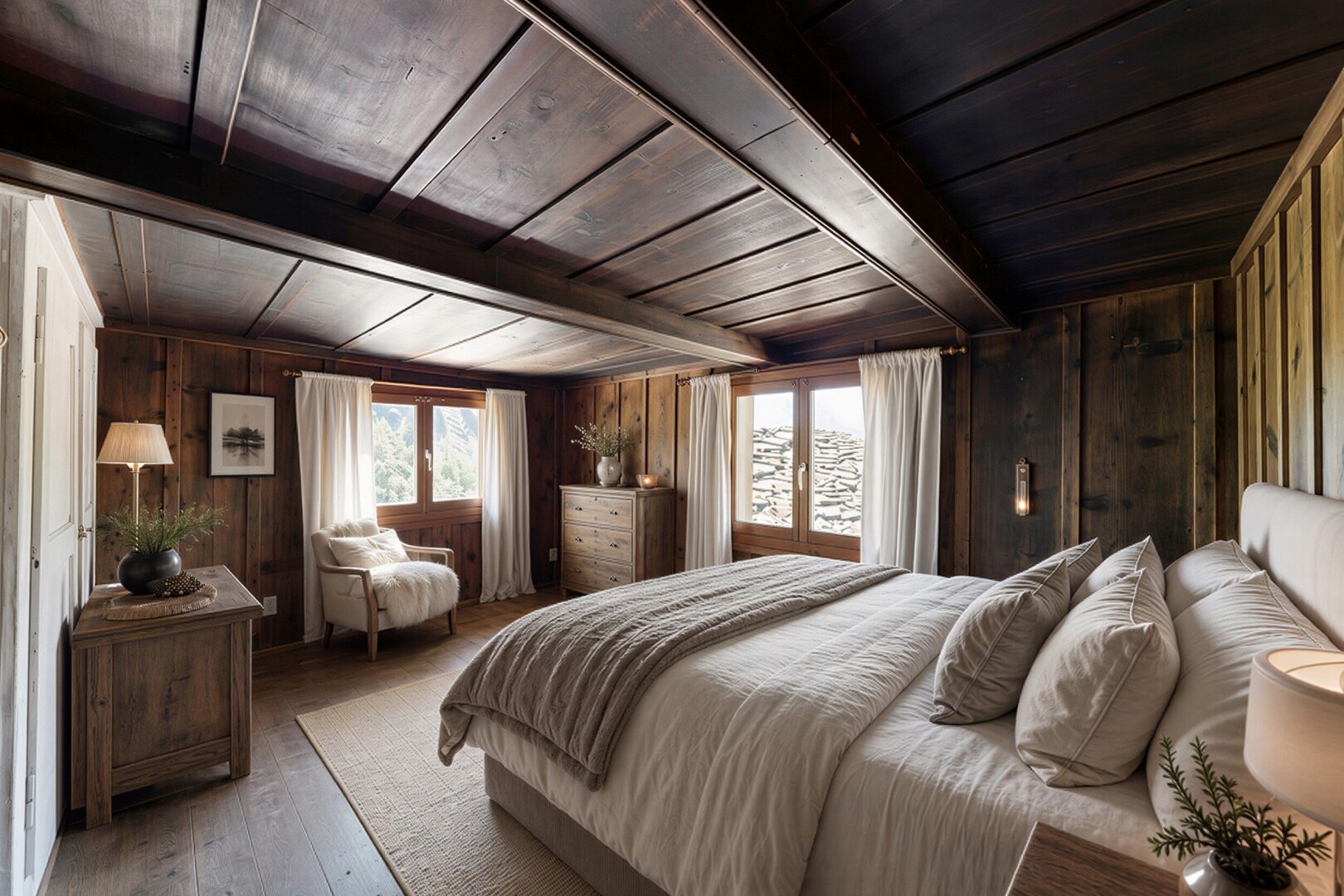 room with a wooden ceiling with exposed beams and wooden walls