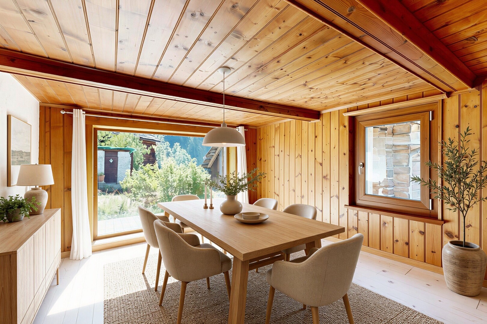 dining area featuring a wooden ceiling with exposed beams, wooden walls, and light wood-style floors