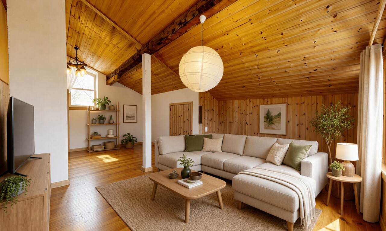 carpeted living room with wood walls and a vaulted wood ceiling