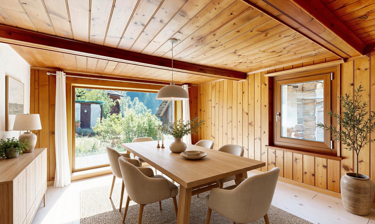 dining area featuring a wooden ceiling with exposed beams, wooden walls, and light wood-style floors