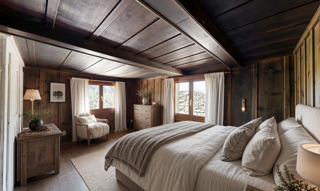 room with a wooden ceiling with exposed beams and wooden walls