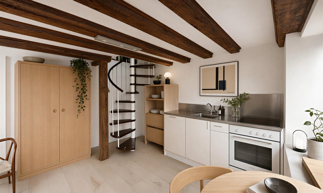 kitchen featuring beamed ceiling, white oven, and light wood-style flooring