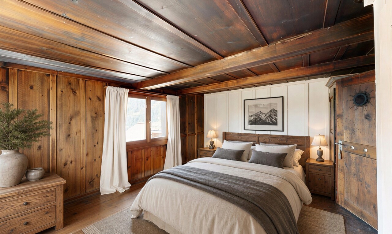 room / bedroom with wood ceiling, wooden walls, and wood-type flooring