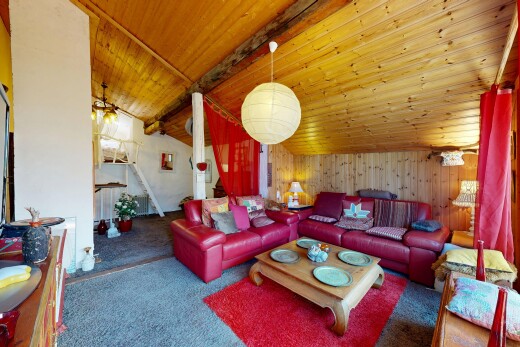 salon avec wood wall, mur en bois, dated wood wall, carpet, et moquette