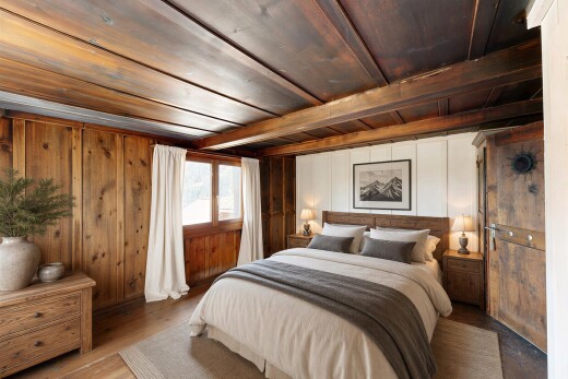 room / bedroom with wood ceiling, wooden walls, and wood-type flooring