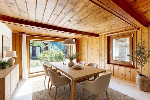 dining area featuring a wooden ceiling with exposed beams, wooden walls, and light wood-style floors