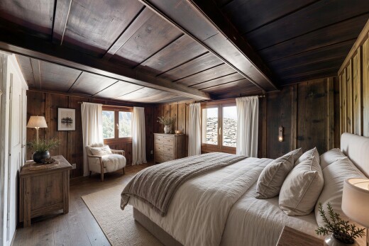 room with a wooden ceiling with exposed beams and wooden walls