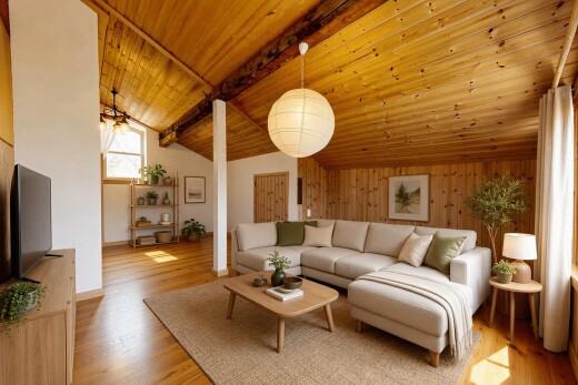 carpeted living room with wood walls and a vaulted wood ceiling
