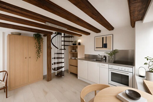 kitchen featuring beamed ceiling, white oven, and light wood-style flooring