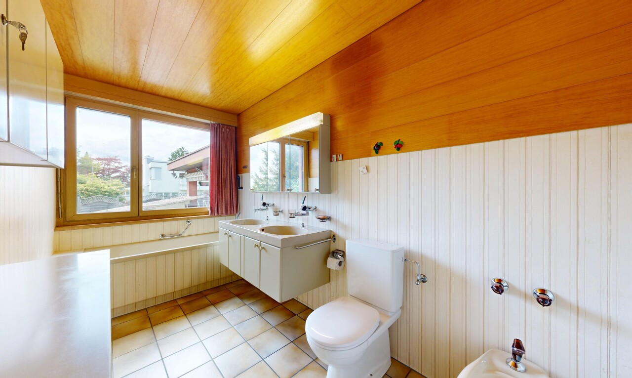 bad mit toilette, spiegel, schminktisch, natürliches licht, und natural light