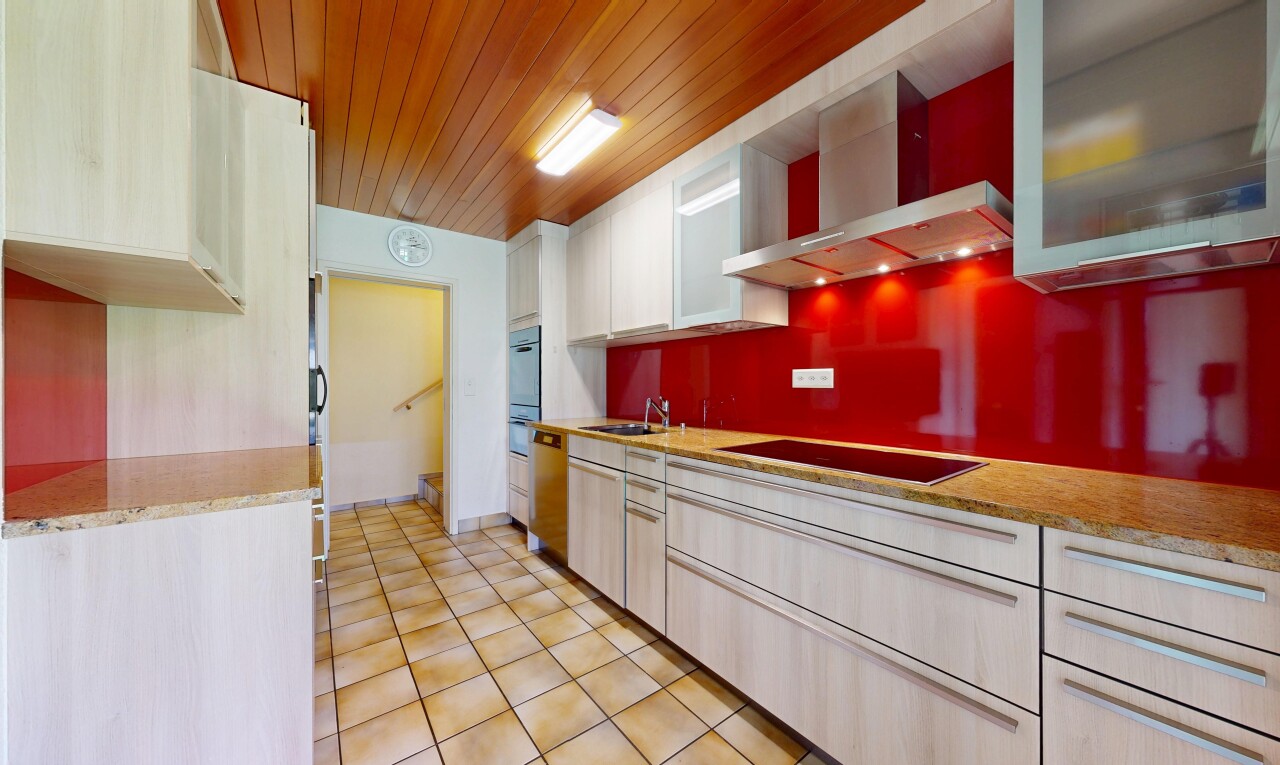 küche mit dunstabzugshaube, wood ceiling, holzdecke, stone countertops, und stein arbeitsplatten