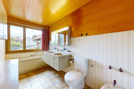 bad mit toilette, spiegel, schminktisch, natürliches licht, und natural light