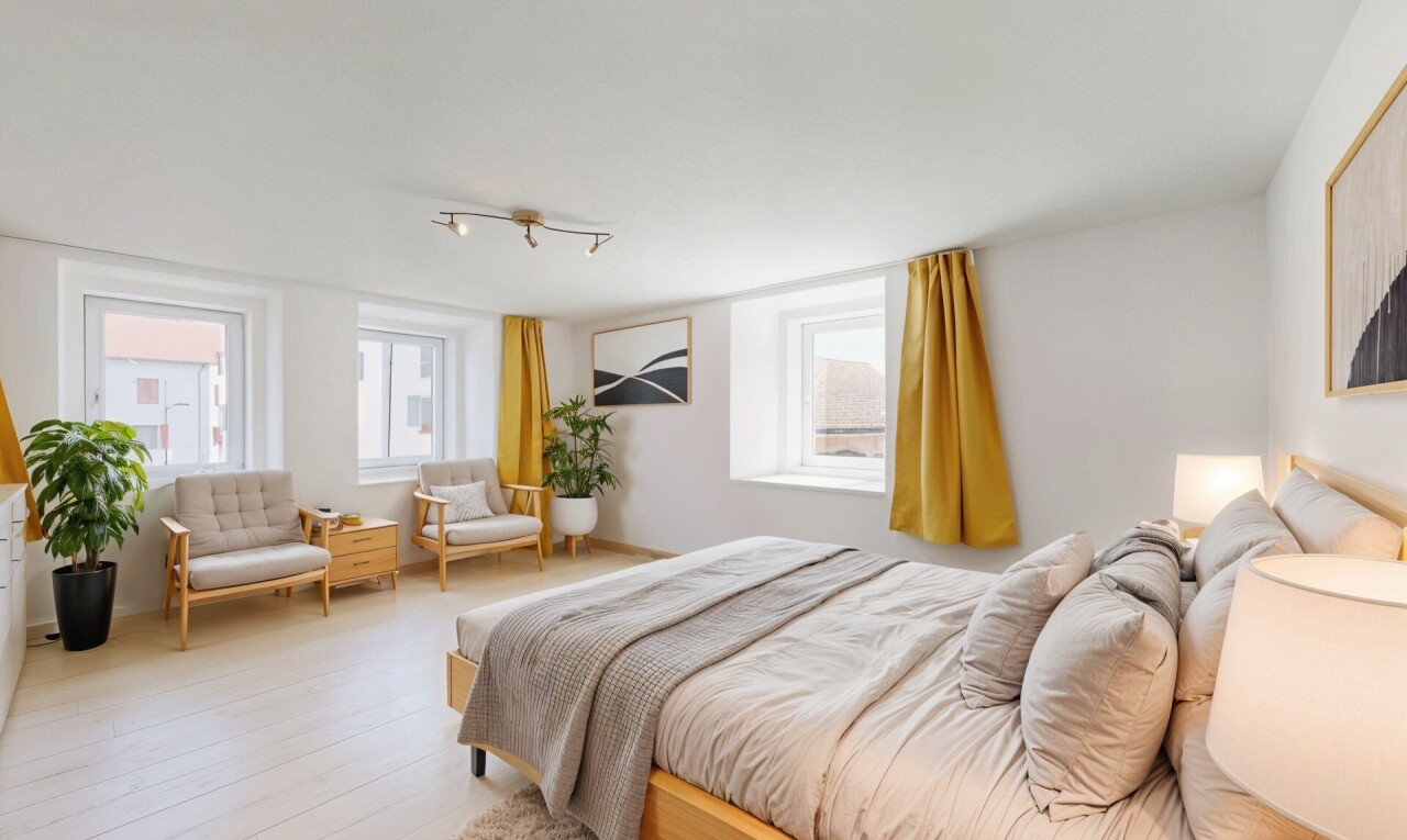 zimmer / schlafzimmer mit natural light, natürliches licht, drywall, gipskartonwand, und wood finish floor