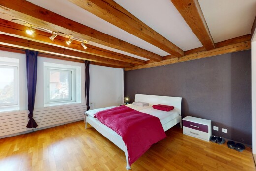 zimmer / schlafzimmer mit beamed ceiling, balkendecke, track lighting, deckenbeleuchtung, und natural light