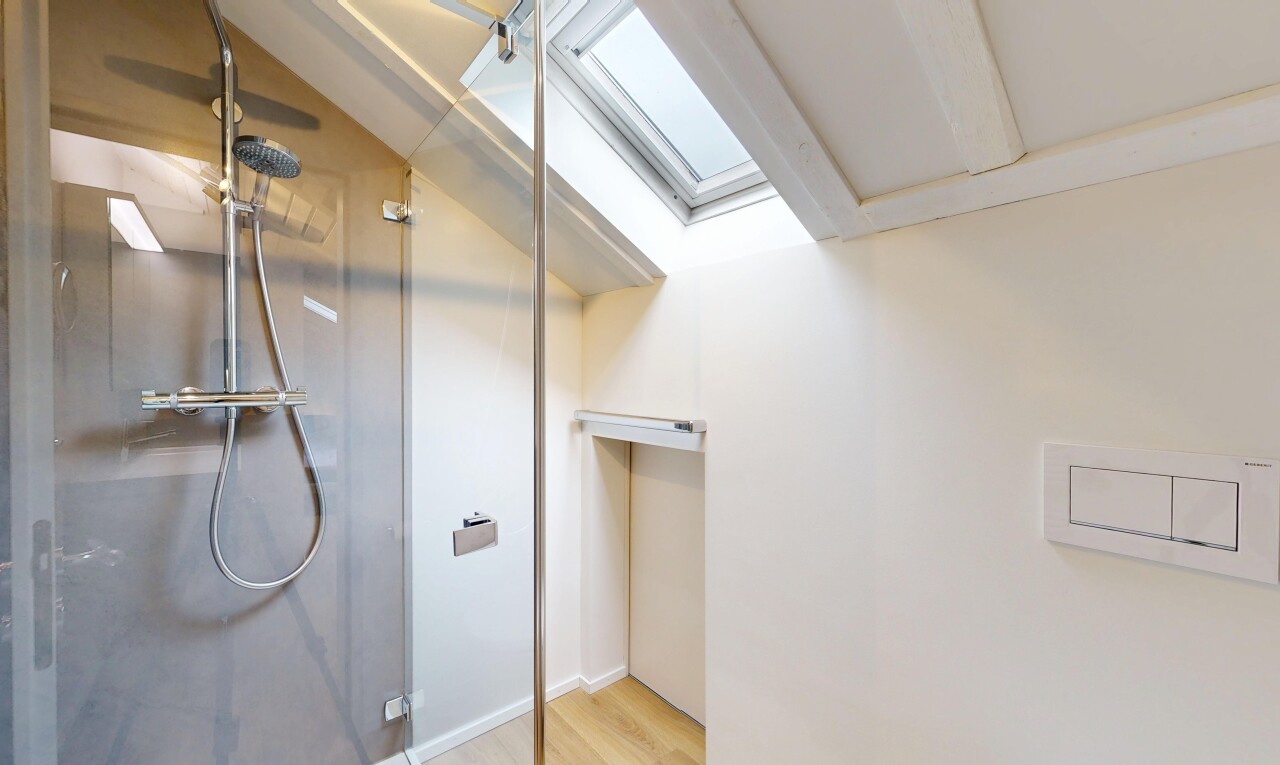 bad mit dachfenster, dusche, inside property, komplettes badezimmer, und drywall