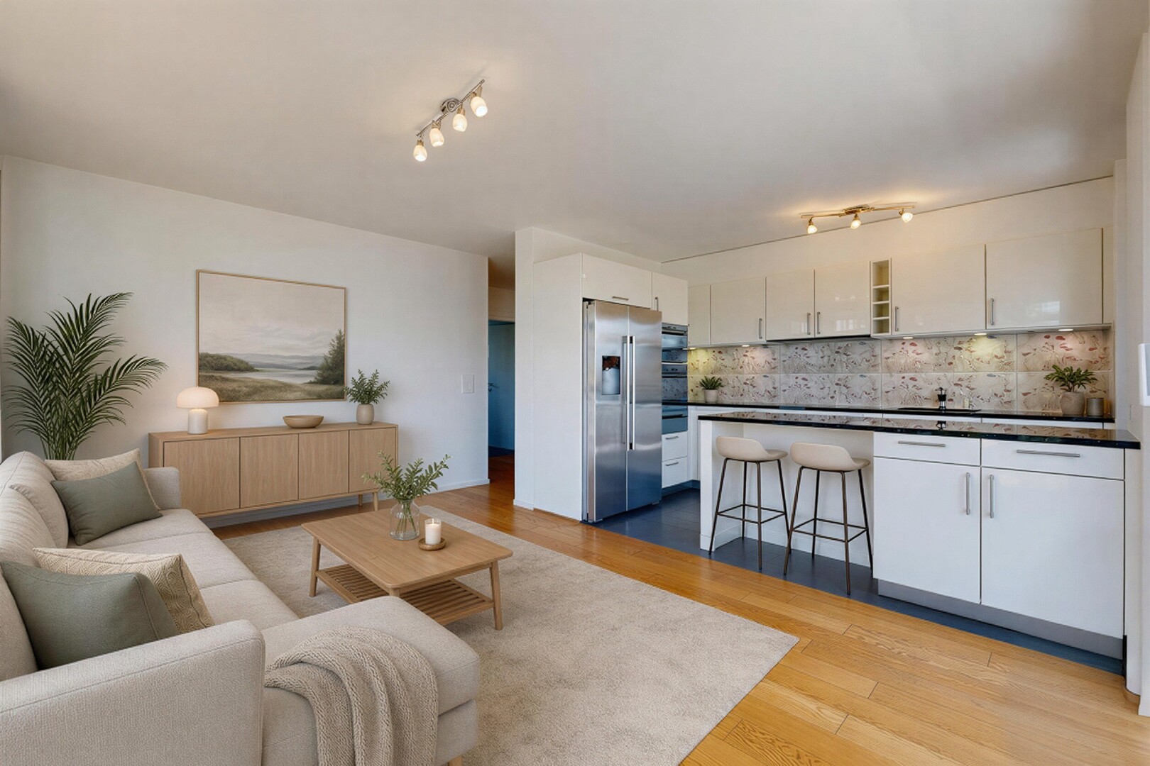 cuisine avec éclairage sur rail, dark countertops, plans de travail, réfrigérateur, et white cabinets