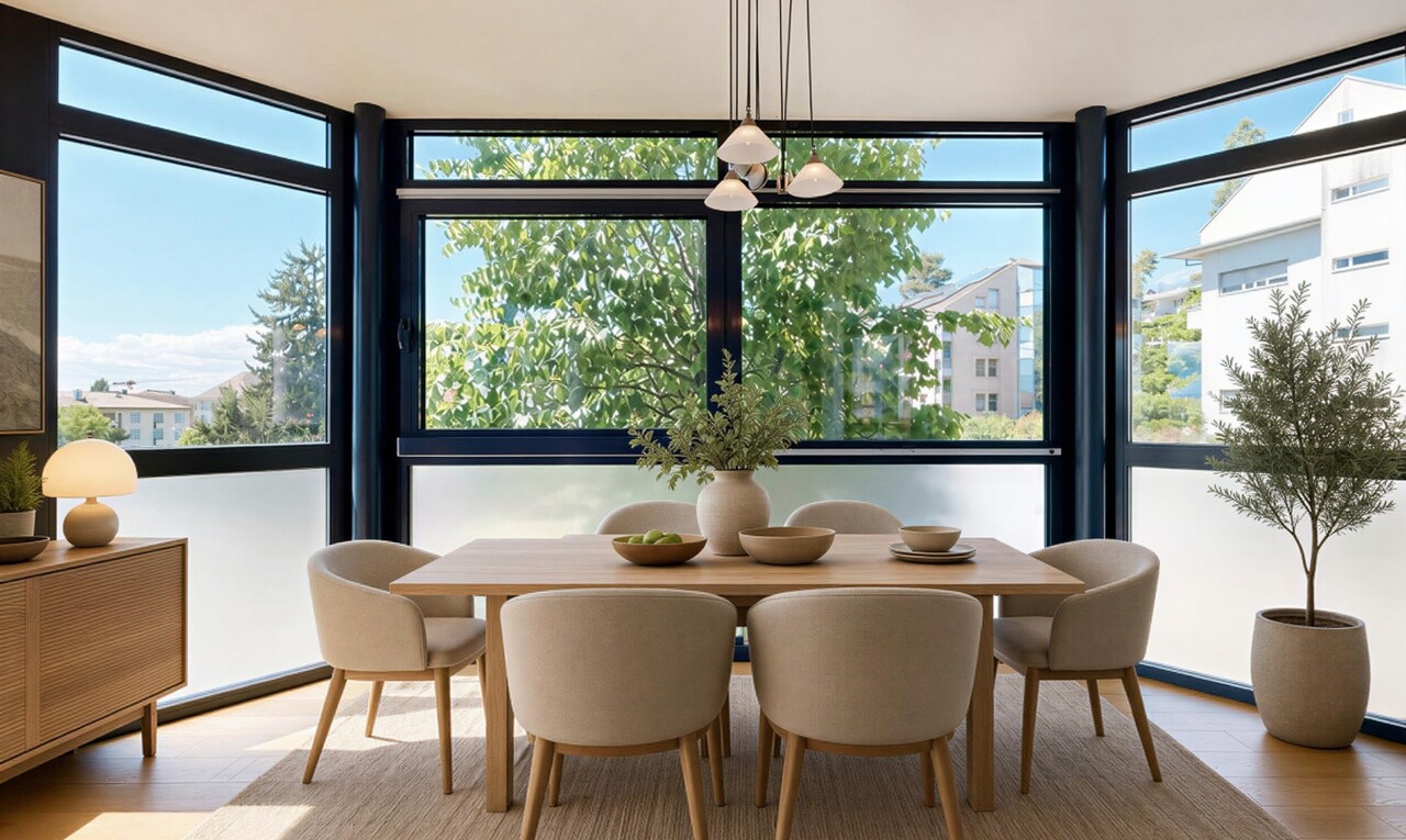 pièce vide avec floor ceiling windows, day time, wood finish floor, sol en finition bois, et véranda