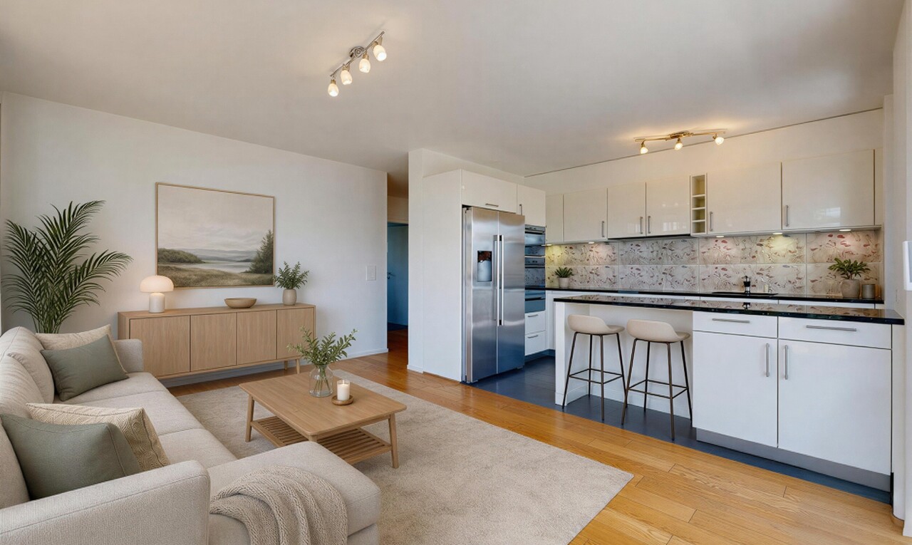 cuisine avec éclairage sur rail, dark countertops, plans de travail, réfrigérateur, et white cabinets