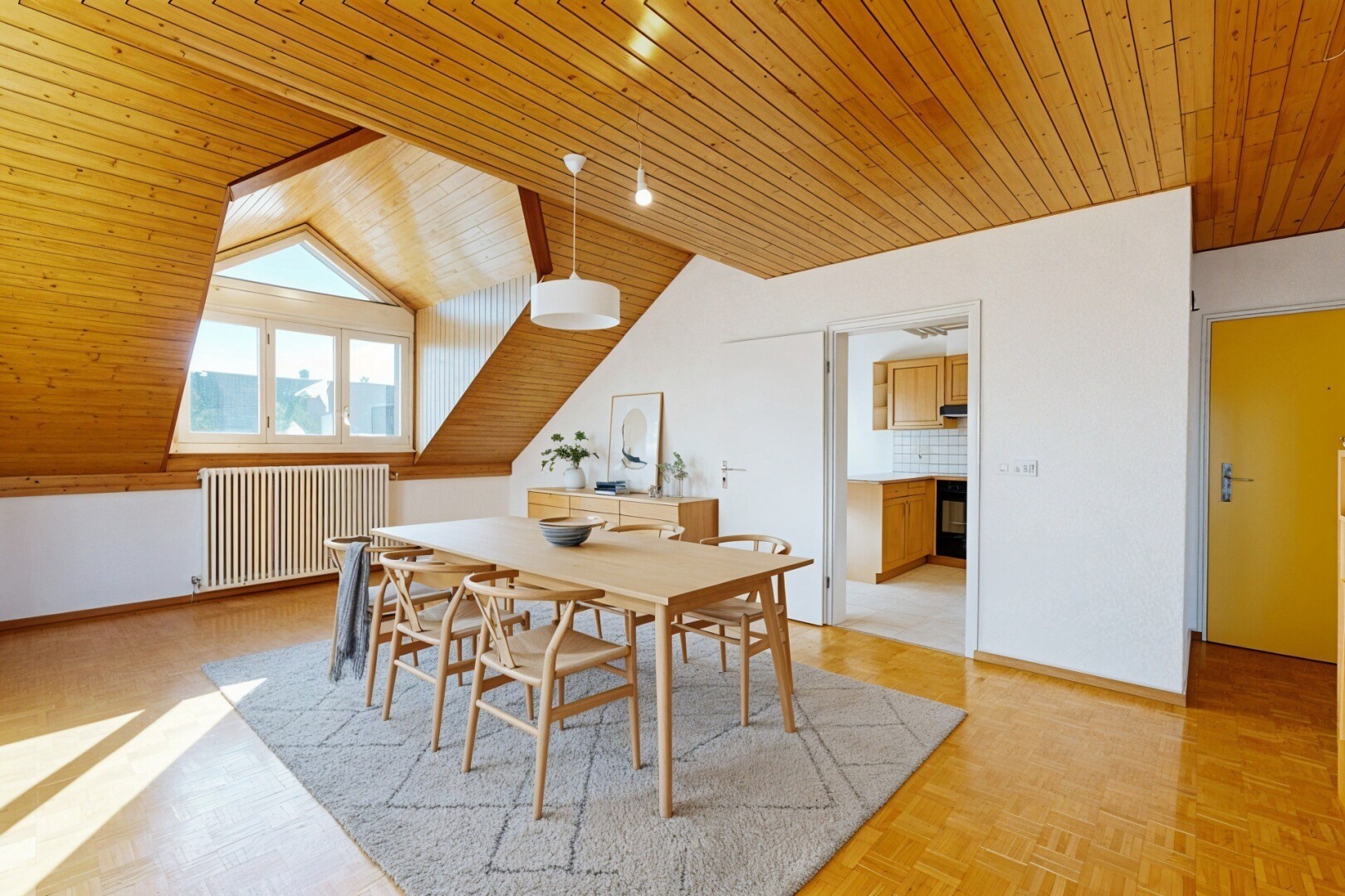 dining space with wooden ceiling, radiator heating unit, and parquet flooring