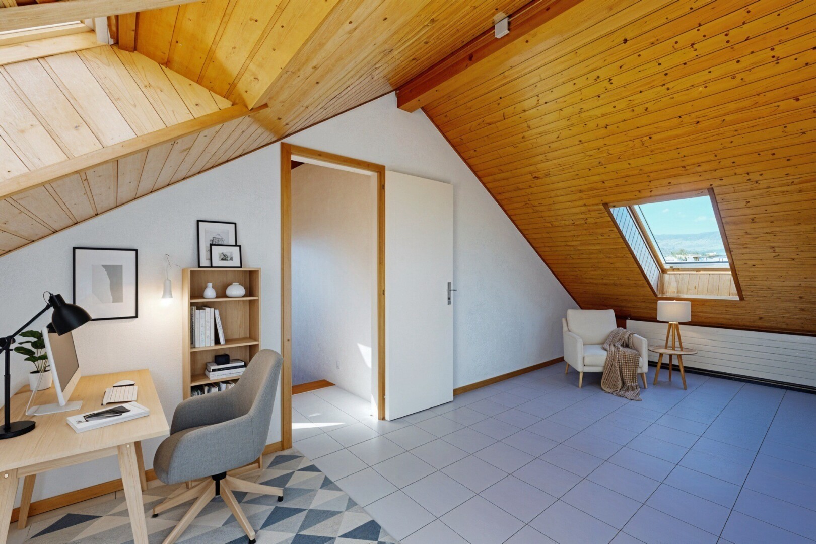 unfurnished room with lofted ceiling with beams, a skylight, and wood ceiling