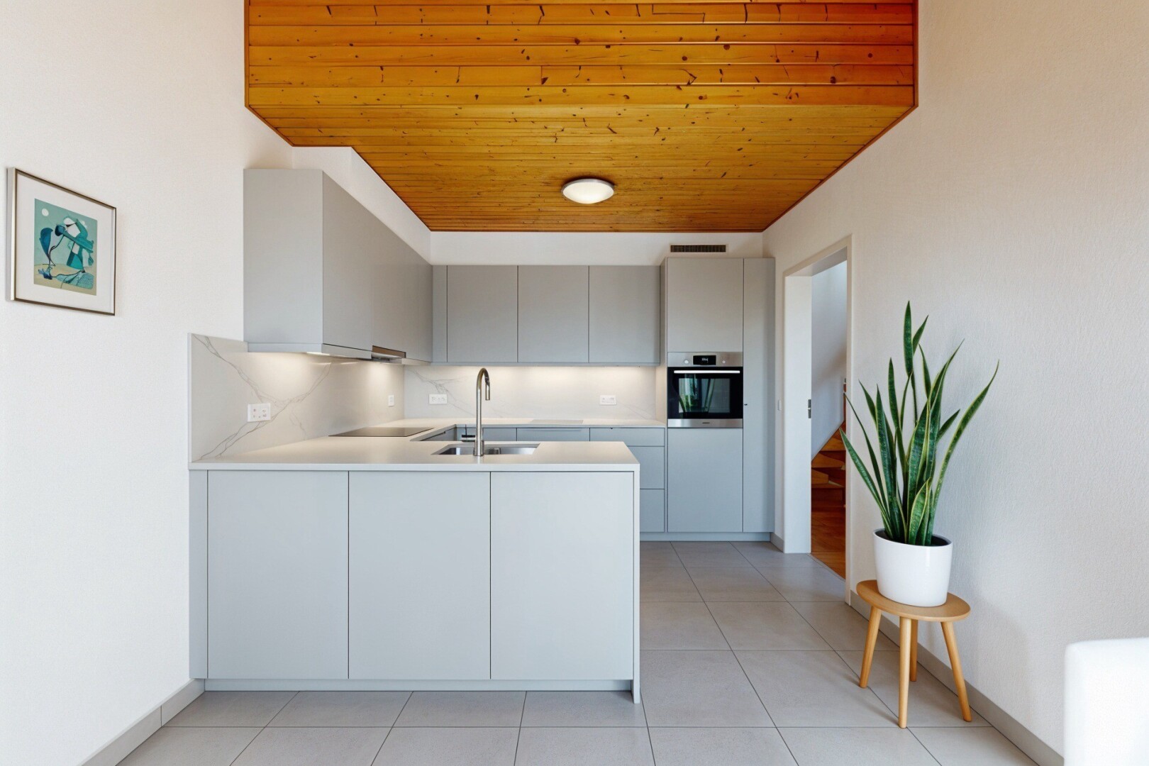 kitchen with decorative backsplash, open shelves, a peninsula, tile counters, and wood ceiling