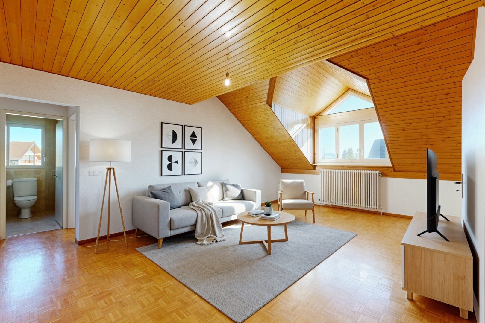 living room featuring a vaulted wood ceiling, radiator, and parquet flooring
