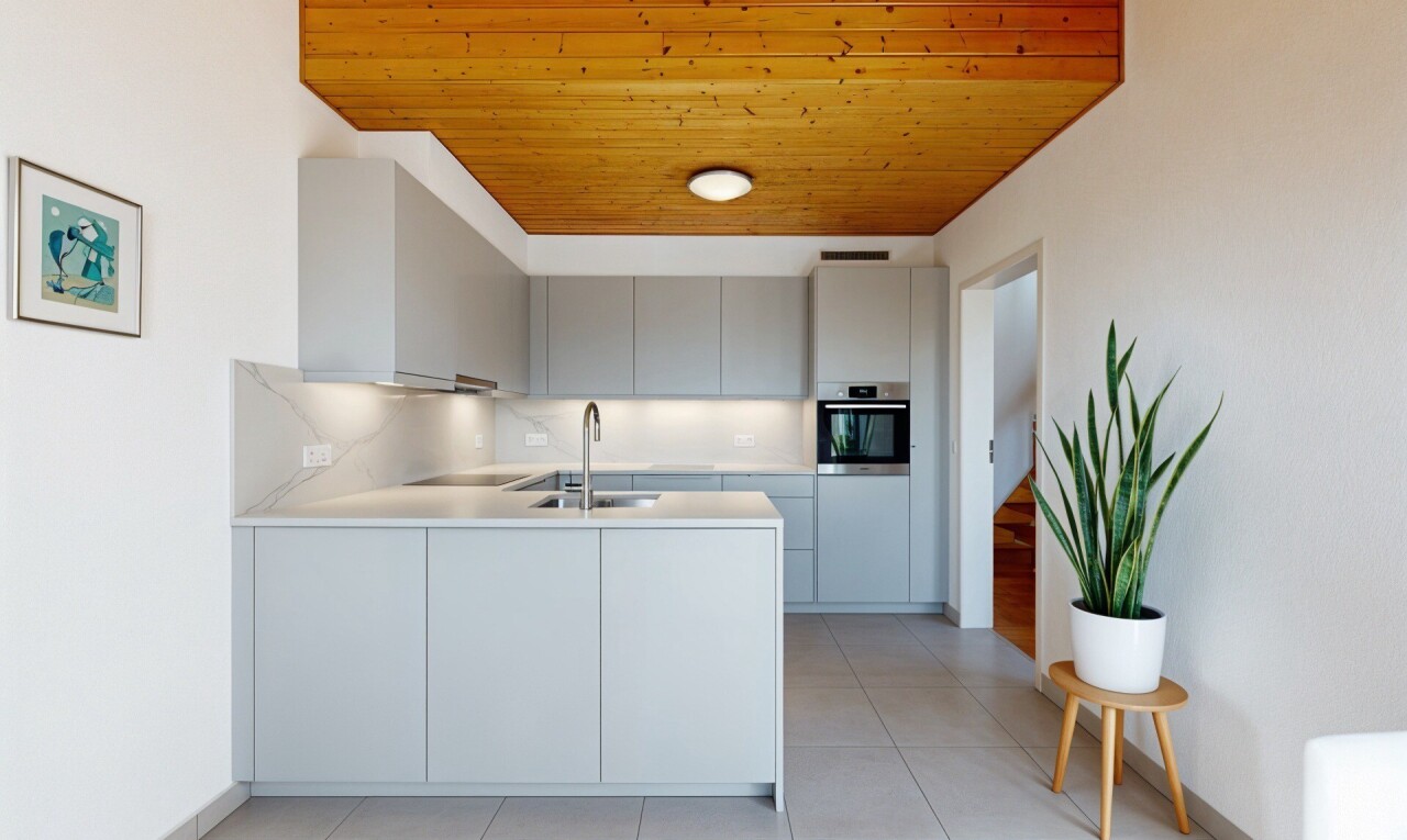 kitchen with decorative backsplash, open shelves, a peninsula, tile counters, and wood ceiling