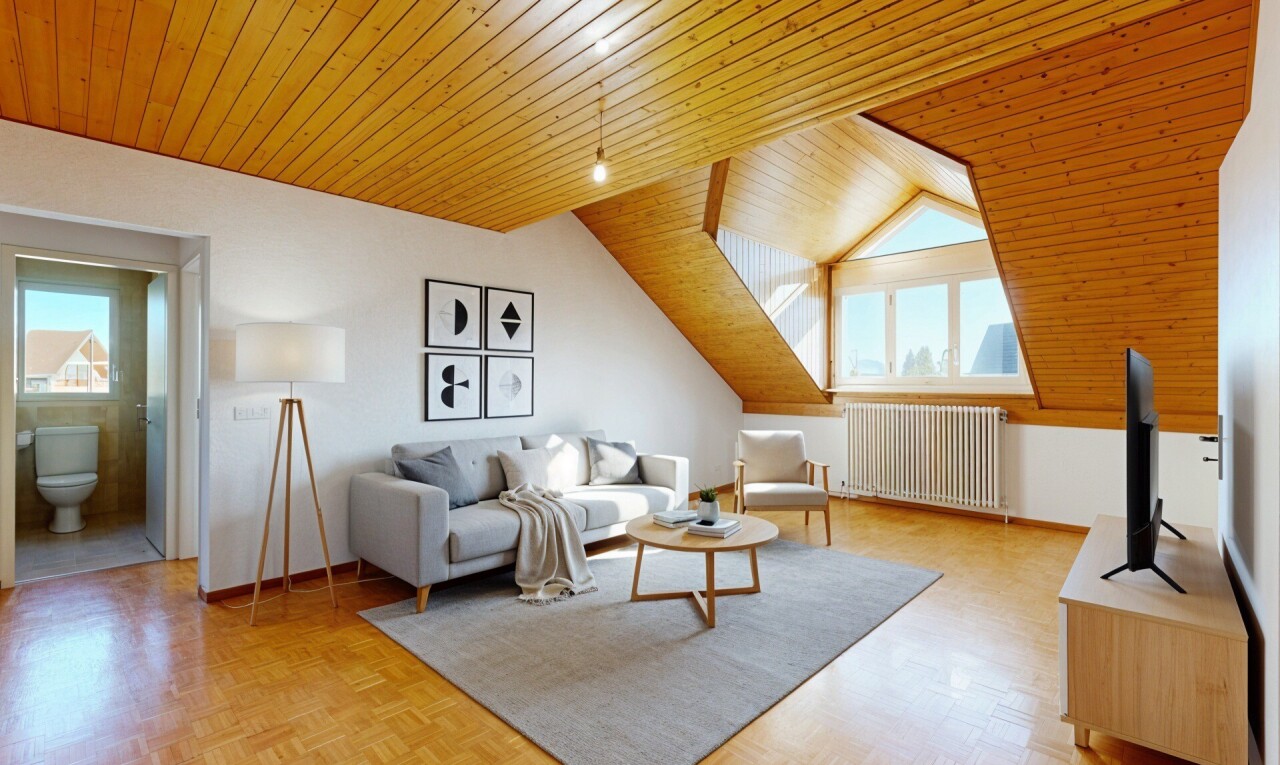 living room featuring a vaulted wood ceiling, radiator, and parquet flooring