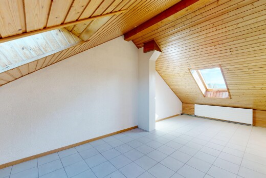 pièce vide avec plafond voûté, vaulted ceiling, puits de lumière, plafond à poutres, et beamed ceiling