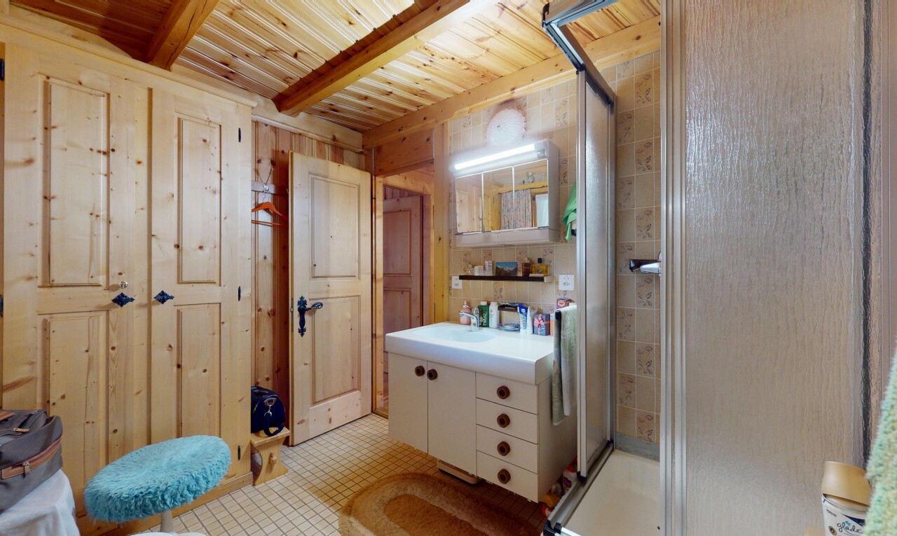 salle de bains avec salle de bain complète, lavabo (ou coiffeuse selon le contexte), douche, inside property, et miroir