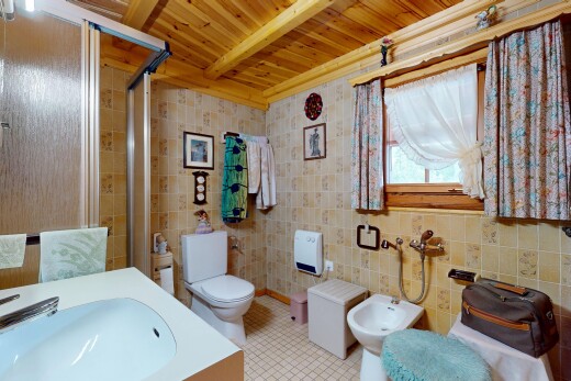 salle de bains avec toilette, mur en carrelage, tile wall, salle de bain complète, et douche