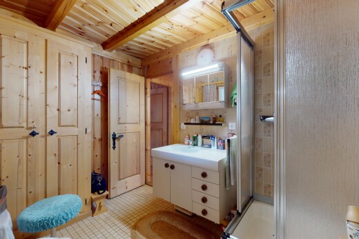 salle de bains avec salle de bain complète, lavabo (ou coiffeuse selon le contexte), douche, inside property, et miroir