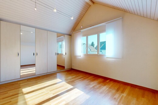 pièce vide avec sol en finition bois, wood finish floor, lumière naturelle, natural light, et plafond cathédrale