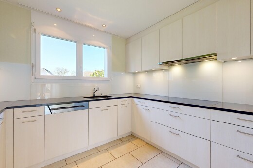 cuisine avec light floor, plans de travail, dark countertops, day time, et hotte