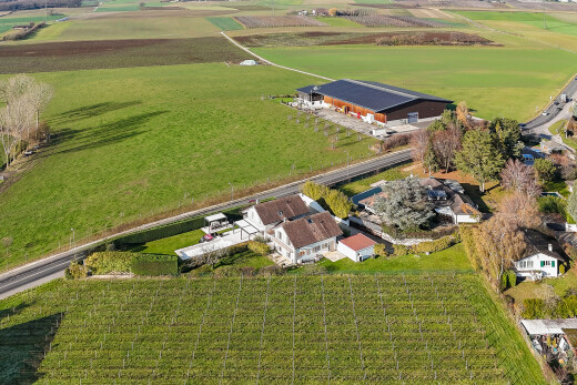 façade avec vue sur le verger/agriculture, orchard / agricultural view, vue rurale, rural view, et terrasse