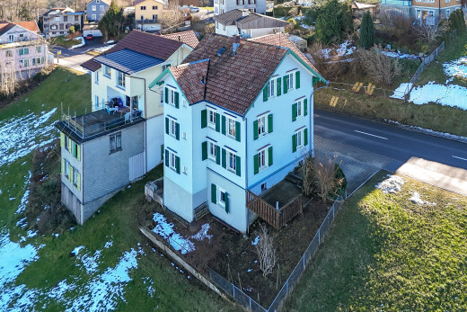 außenansicht mit drone view, stuckverkleidung, wohngebietblick, und residential view